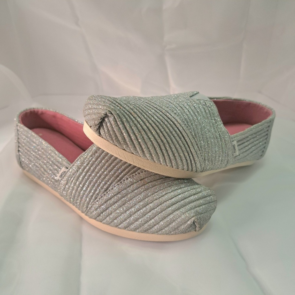 TOMS Alpargata Silver Glitter Slip-On Flats Women's Size 6.5W Shiny Teacher Twee